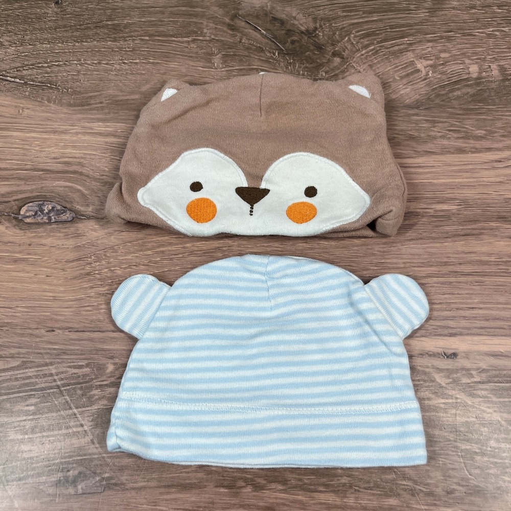 Lovespun Carters Baby Beanie Set 0-6M Brown Fox Blue Striped Bear Ear Hats